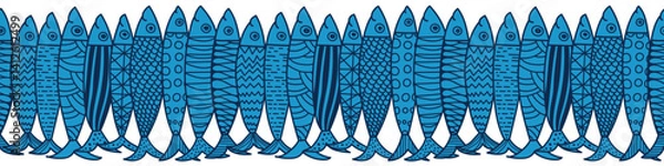 Fototapeta Vector seamless horizontal border with fish. Cute illustration. Sardines.