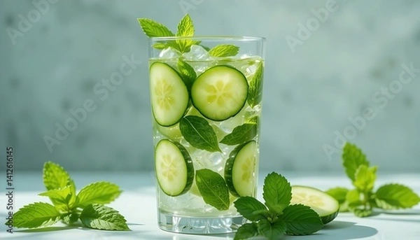 Obraz water infused with cucumber slices and fresh mint leaves.  ,  Infused water, cucumber mint, healthy water, 