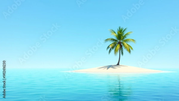 Fototapeta a small sandy island with one palm tree in the middle of the ocean