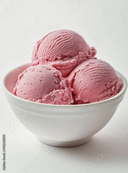 Fototapeta Three scoops of pink ice cream in a white bowl on a white surface.
