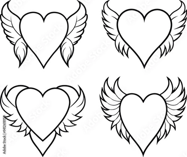Fototapeta Winged Heart Outline Set – Black and White Heart with Wings Tattoo Style Vectors 