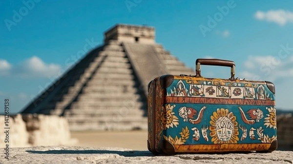 Obraz A suitcase decorated with Aztec patterns, sitting in front of a Mexican pyramid 