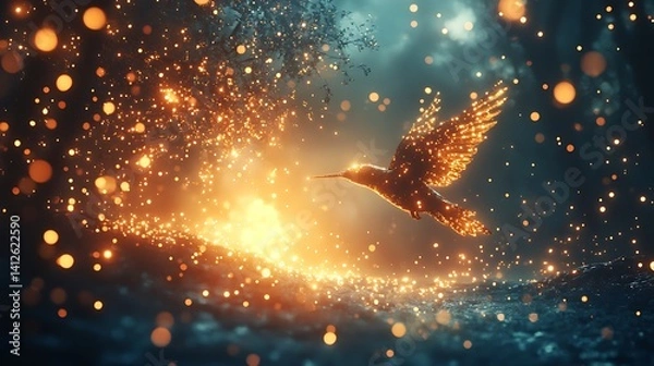 Fototapeta Glowing bird in magical forest