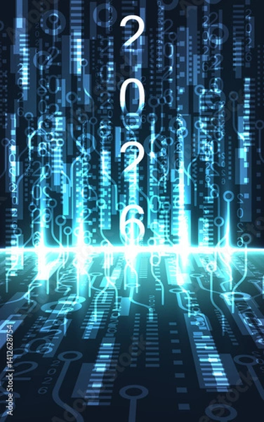 Fototapeta Abstract background for business. 2026 year and geometric graphics on blue neon background. Focus on technology and organization concept