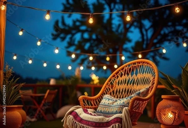Fototapeta Bohemian armchair under twinkling string lights, inviting outdoor relaxation,  yoga,  home decor