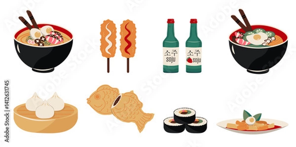 Obraz Flat style illustration of various traditional Korean foods, including ramen, corn dog, kimbap, dumpling, taiyaki, tteokbokki, and soju bottles, ideal for menu design, culinary projects