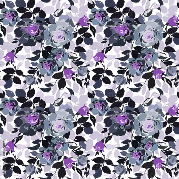 Fototapeta Seamless pattern with abstract flowers in gray, purple, black and white colors.