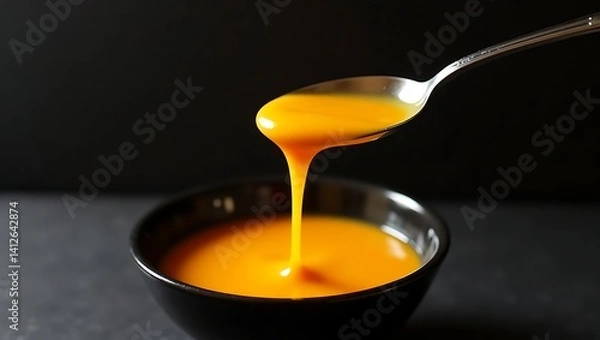 Fototapeta Rich velvety pumpkin soup pouring from a spoon into a dark bowl, a warm autumnal delight.