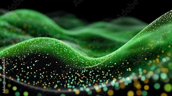 Fototapeta Green undulating surface with sparkling gold and teal dots against a dark backdrop