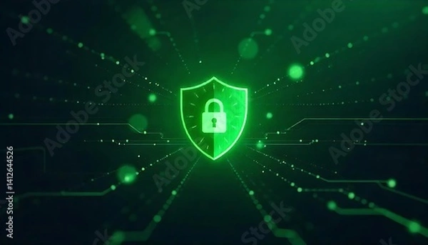 Fototapeta  green shield-shaped security icon with a padlock symbol, surrounded by a dark background with glowing green dots and lines, suggesting a cybersecurity or digital protection,created with generative ai