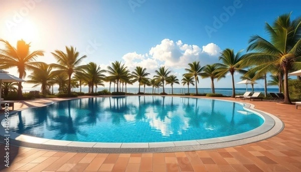 Obraz Sun-drenched pool, palm trees, luxury decking, tranquil scene, sunshine, calm