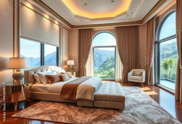 Fototapeta Opulent master suite with king-size bed, plush textiles, and expansive windows, drapes, stone