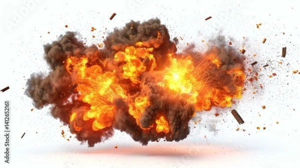 Fototapeta Fiery explosion of smoke and fire with sparks and debris against a bright background - dynamic and intense