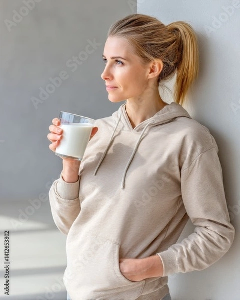 Fototapeta A woman in a hoodie enjoys a glass of milk, gazing thoughtfully out the window in a bright, minimalist setting.