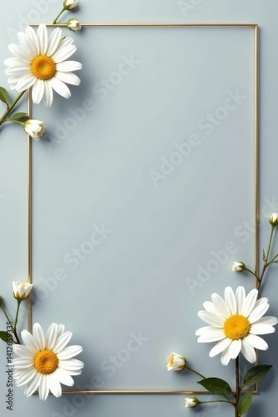 Fototapeta Elegant wedding invitation template with white daisy flowers on grey background, daisy, background