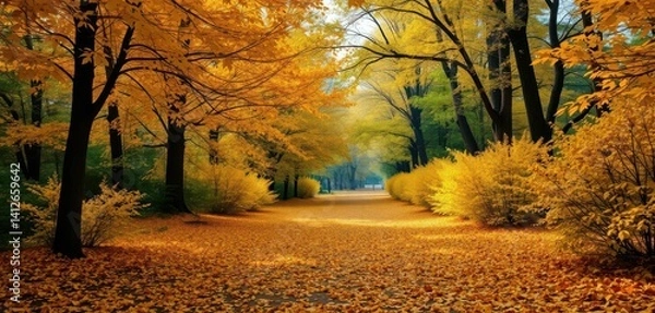 Fototapeta Golden leaves blanket park path, vibrant autumn trees surround, colorful, serene