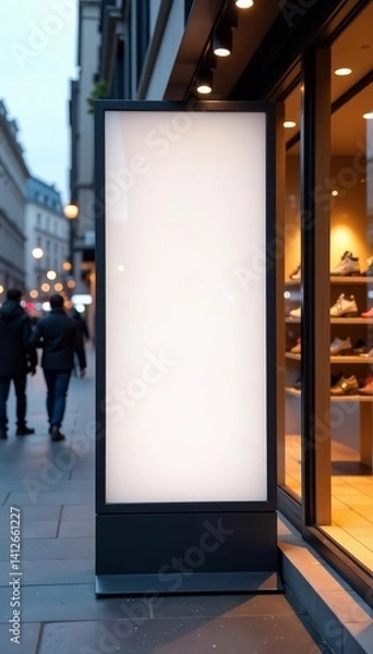 Fototapeta Empty vertical signboard for shoe store promotion on stylish display, blank, shoes