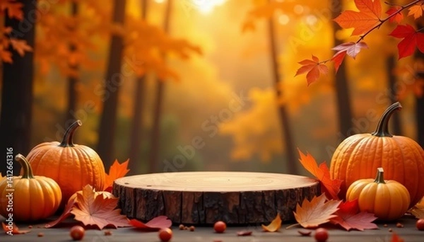 Fototapeta Empty wooden podium surrounded by colorful autumn leaves, pumpkins, and gourds , seasonal, harvest