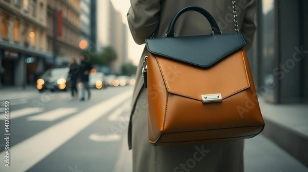 Fototapeta Rich Camel Leather Purse with Strap and Gloss Finish – Studio Style Handbag for Branding Use