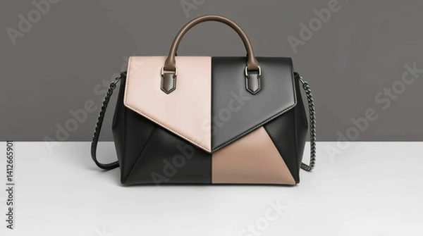 Fototapeta Neutral Beige and Black Geometric Handbag with Chain Strap – Trendy Minimalist Bag Illustration