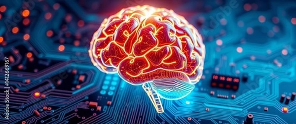 Fototapeta Glowing brain integrated circuit motherboard AI, bright, design