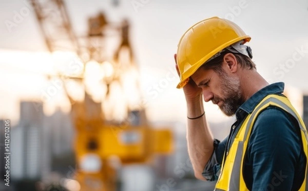 Fototapeta As the sun sets, casting a golden hue over the scene, a construction worker stands alone, grappling with the trials and tribulations of his daily work