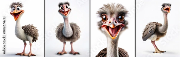 Fototapeta Extreme close-up, portrait and full figure. Cartoon character of a smiling whimsical ostrich on white background. Collection and variation. Generative Ai.