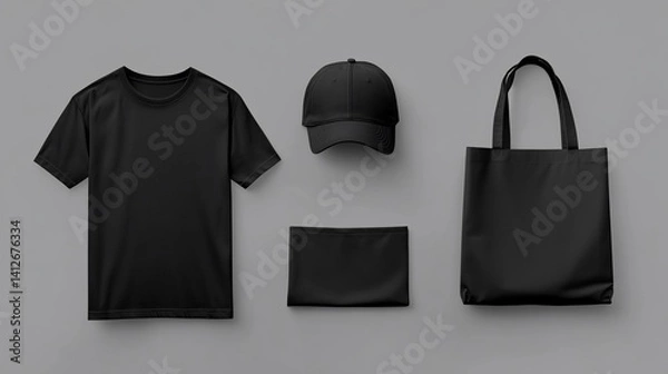 Fototapeta Black apparel set, including t-shirt, cap, pouch and tote bag, displayed on a neutral background, for brand customization and fashion promotions