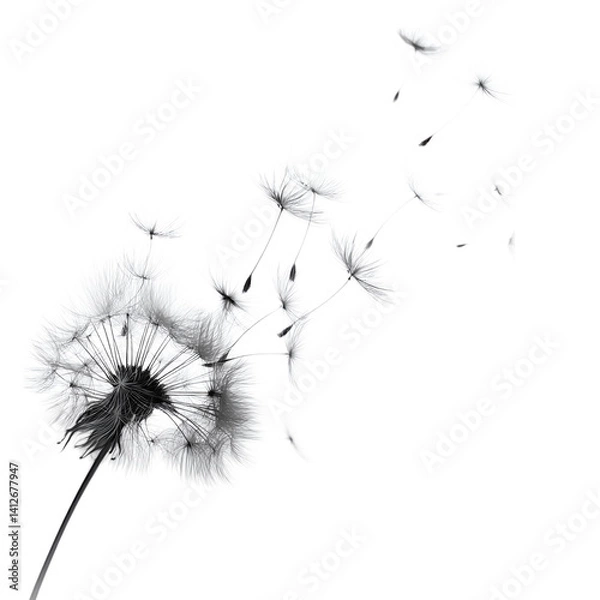 Fototapeta Dandelion seeds blowing gently in the wind, isolated PNG format, transparent background, high-resolution, suitable for stock image use --v 7.0