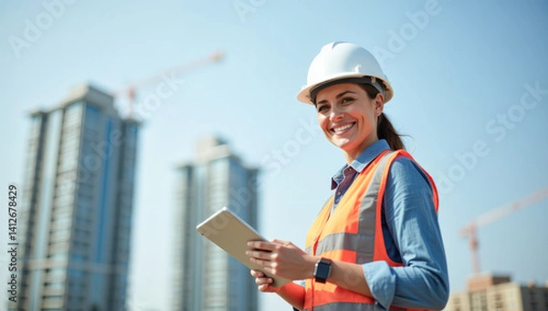 Fototapeta a female foreman in a white helmet with a tablet in her hands at a construction site