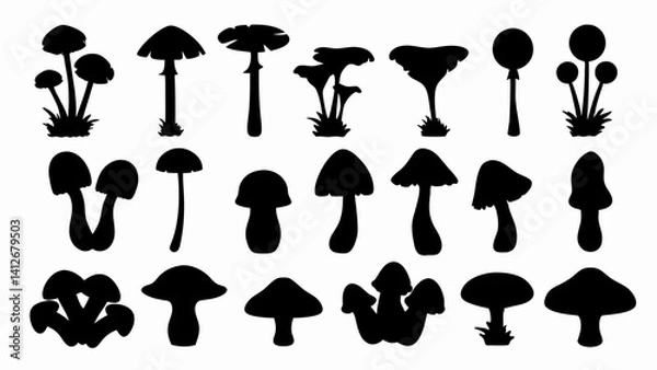 Fototapeta set of forest mushrooms silhouette vector on white background
