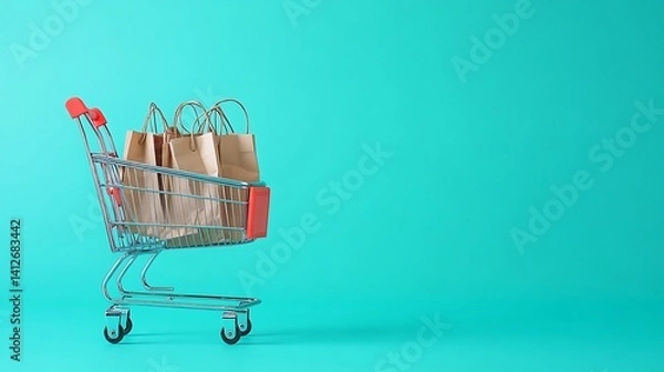 Fototapeta Colorful Shopping Bags and Cart on Minimalist Blue Background for Online Retail and E-commerce