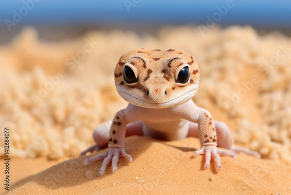 Fototapeta funny gecko on the sandy background with copy space