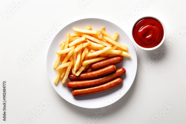 Fototapeta top view of french fries with sausages and ketchup on the white table