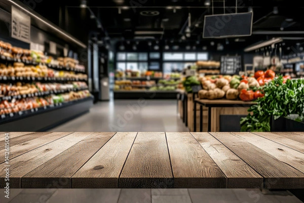 Fototapeta wooden table with copy space and blurred bright modern grocery store