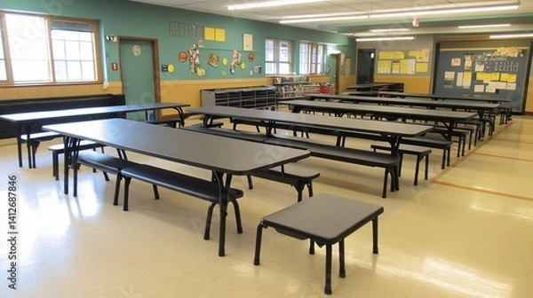 Fototapeta Elementary School Cafeteria Tables and Benches Arrangement