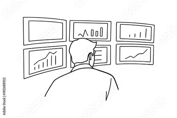 Fototapeta Trader Analyzing Stock Market Data On Multiple Screens Line Art Illustration