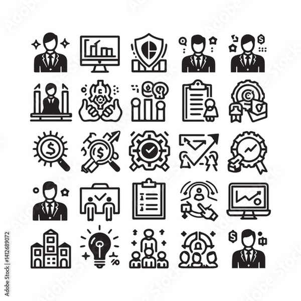 Fototapeta Business and management line icons set. Management icon collection. shilhouette vector white background 
