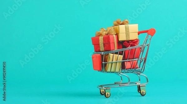 Fototapeta Colorful Shopping Bags and Cart on Minimalist Blue Background for Online Retail and E-commerce
