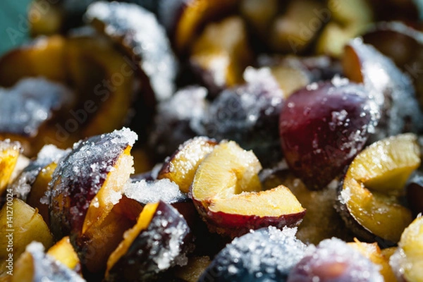 Fototapeta sliced plums and strewn with sugar