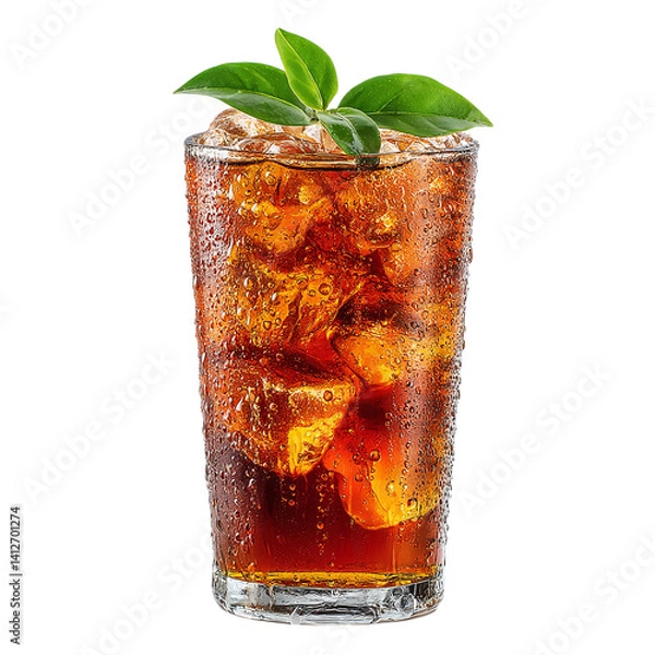 Fototapeta Iced tea with condensation and ice cubes visible, isolated PNG format, transparent background, high-resolution, suitable for stock image use --v 7.0