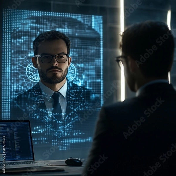 Fototapeta Futuristic Businessman Hologram Digital Data Screen Technology web code blue dark light cyber world 