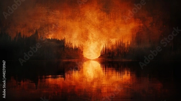 Fototapeta Fiery Forest Lake Reflection at Night