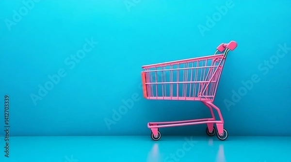 Fototapeta Colorful Shopping Bags and Cart on Minimalist Blue Background for Online Retail and E-commerce