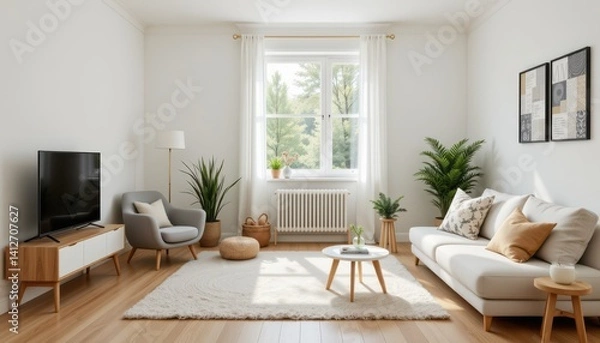 Obraz Modern Minimalist Living Room Interior Design with Comfortable Sofa and Large Window