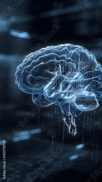Fototapeta Digital Artificial Intelligence Brain with Glowing Neural Connections in a Cyber Matrix Background