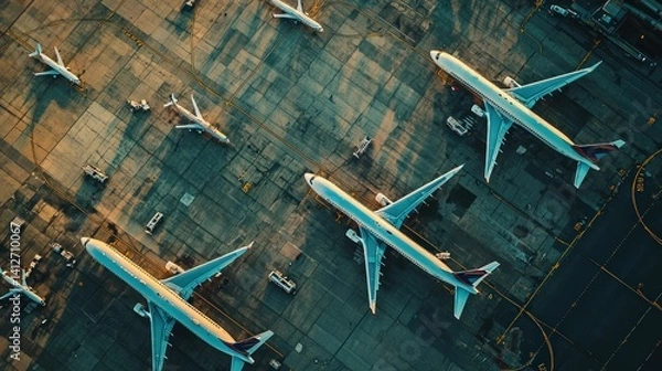 Fototapeta An aerial view of Heathrow Airport runway, showing multiple planes taxiing and preparing for departure