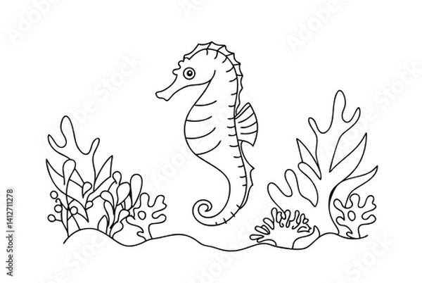 Fototapeta Outlined Seahorse With Underwater Plants And Corals Coloring Page Illustration