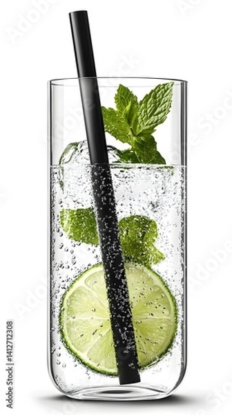 Obraz Mojito Cocktail in a Highball Glass with Mint and Lime on White Background