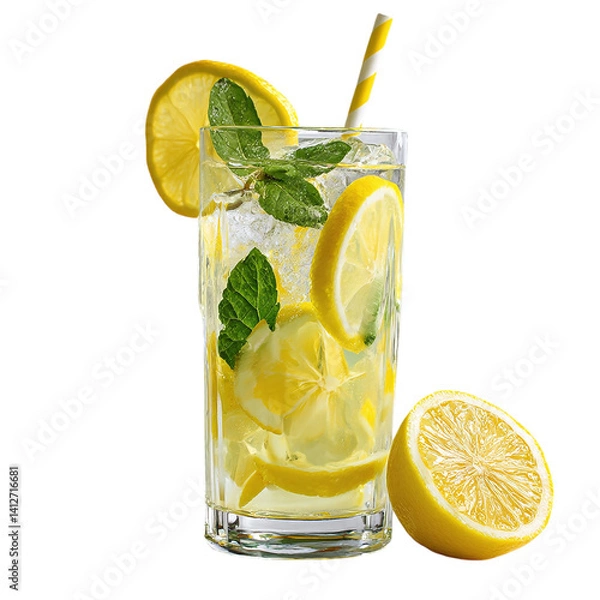 Fototapeta Lemonade in glass with sliced lemon and mint, isolated PNG format, transparent background, high-resolution, suitable for stock image use --v 7.0
